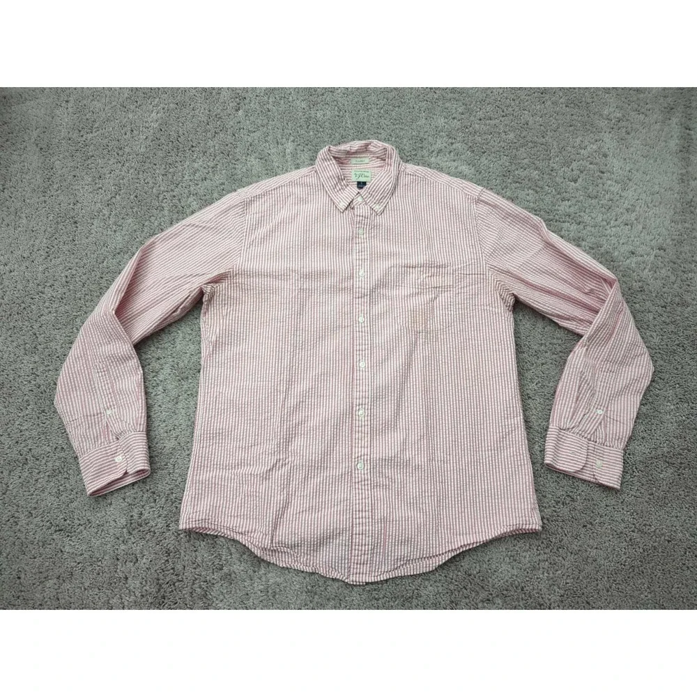 J Crew Button Up Shirt Mens Large Pink Striped Classic 100% Cotton Preppy Casual